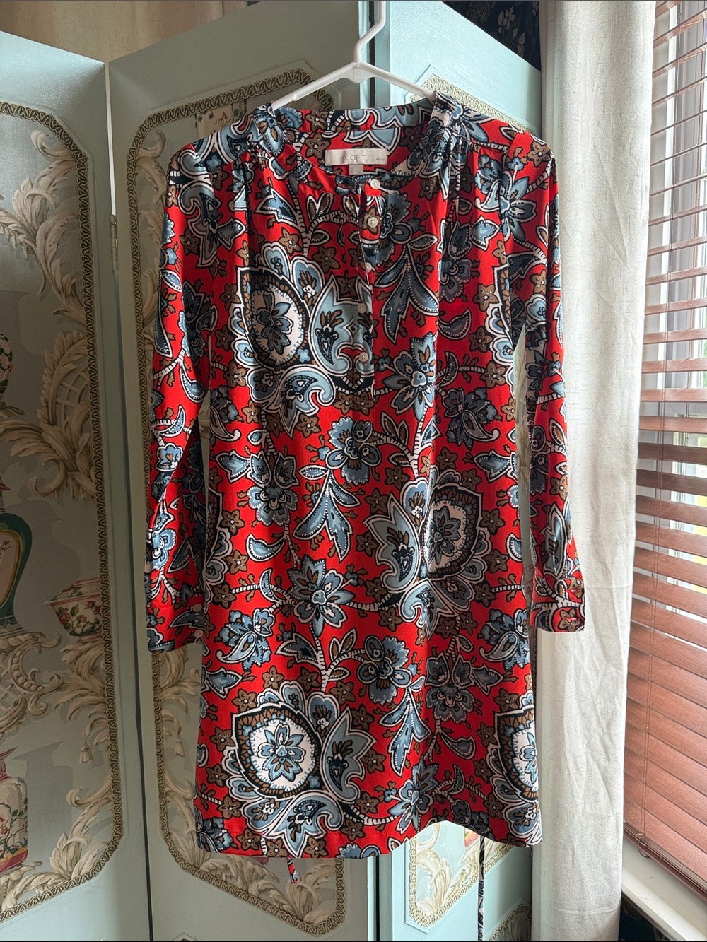 LOFT Red Paisley Floral Long Sleeve Shift Dress
